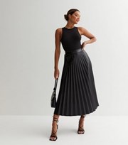 New Look Black Leather-Look Pleated High Waist Midi Skirt